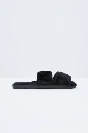 Black Faux Fur Fluffy Slides