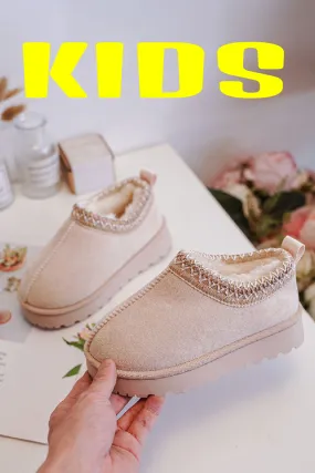 KIDS EMBROIDERY DETAIL FAUX FUR LINING SLIPPERS IN LIGHT BEIGE 19-24 SIZES